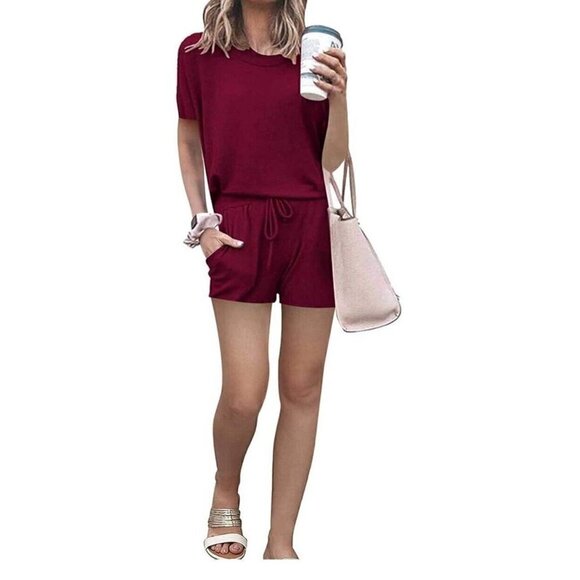DB Bloom Red Short Sleeved Womens Romper Summer Stretch Tie Waist Casual L - Picture 1 of 6